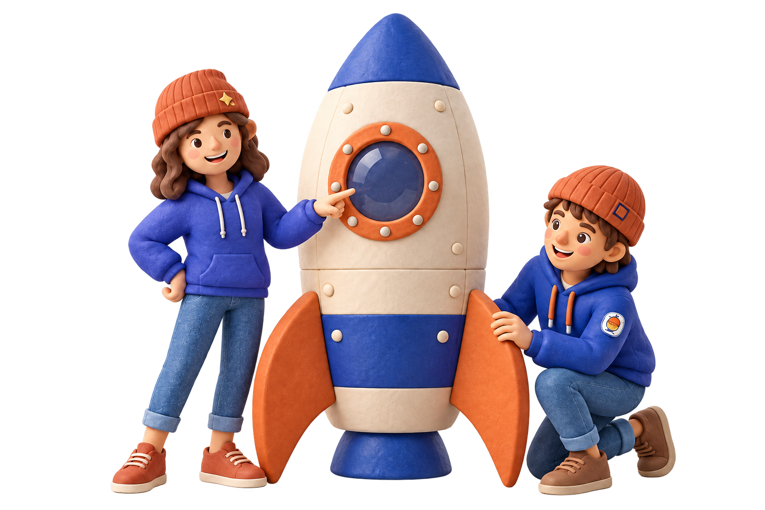 Clara y Manu junto a un cohete gigante azul y naranja.